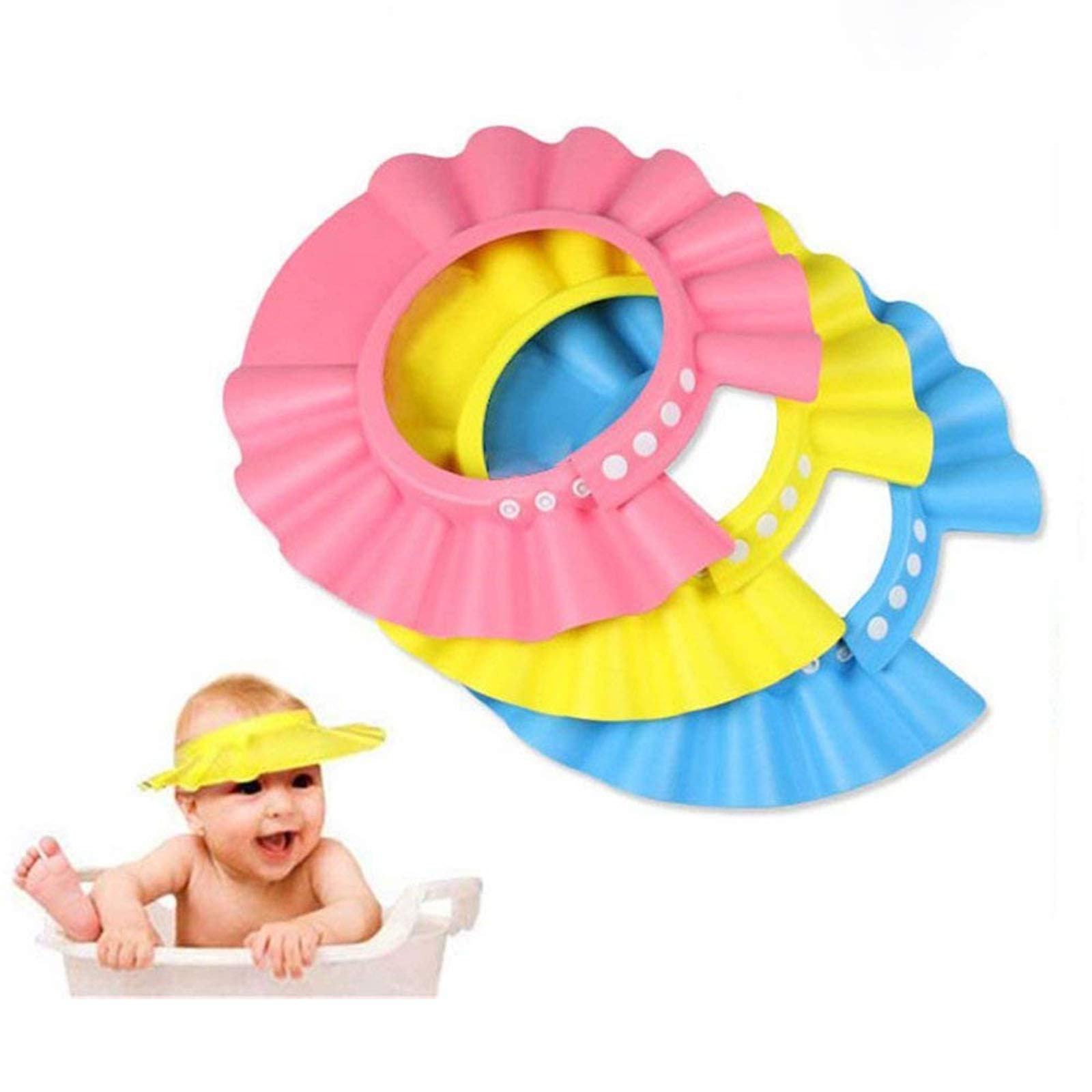 Baby Shower Cap Adjustable Waterproof Safe Shampoo Protect Soft Hat Wash Hair Shield for Baby Children Kids (3Pcs,Blue+Pink+Yellow)