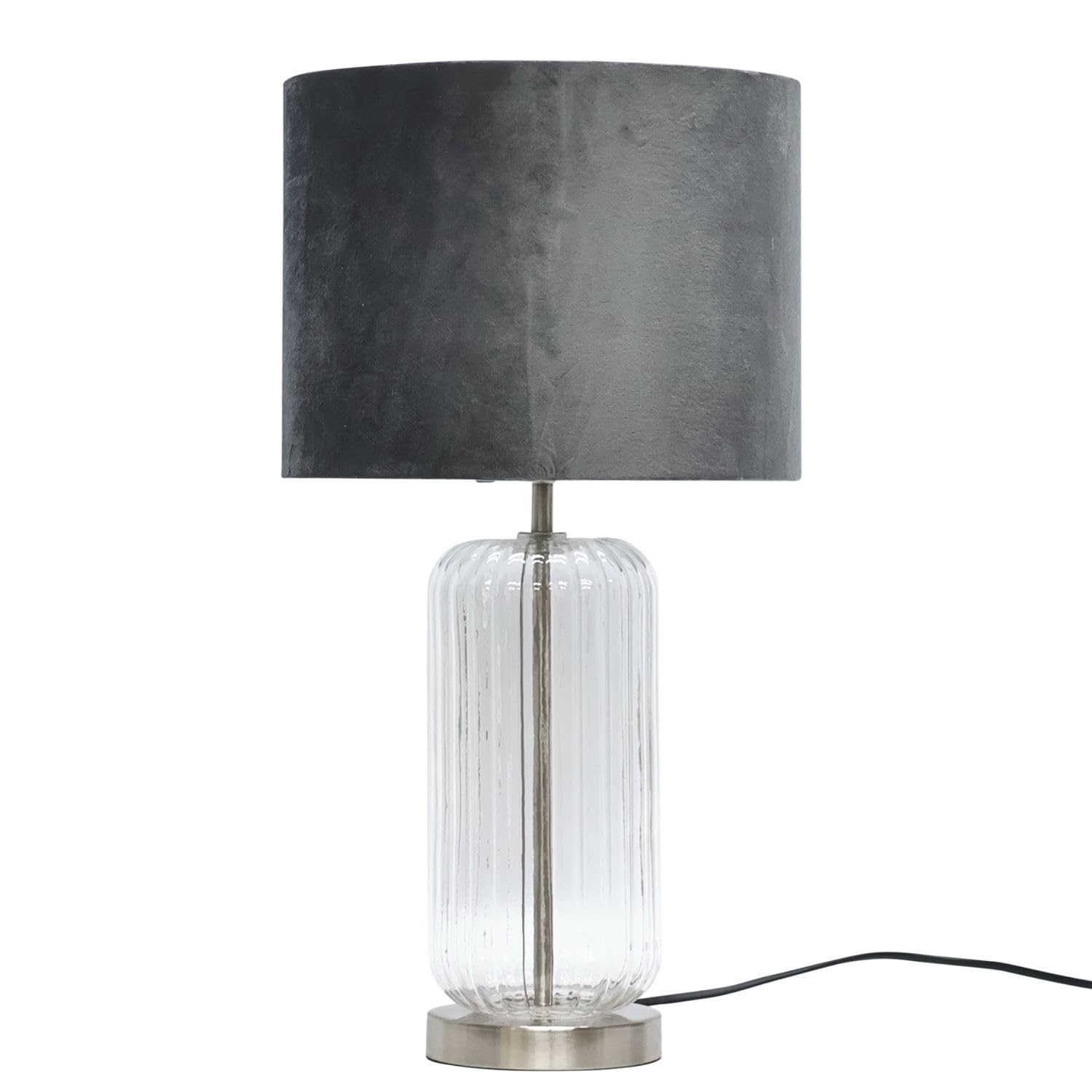 firstchoicelighting Ribbed Glass Brushed Chrome Table Lamp or Bedside Light, Cear Glass with Grey Velvet Shade, Height 49cm.