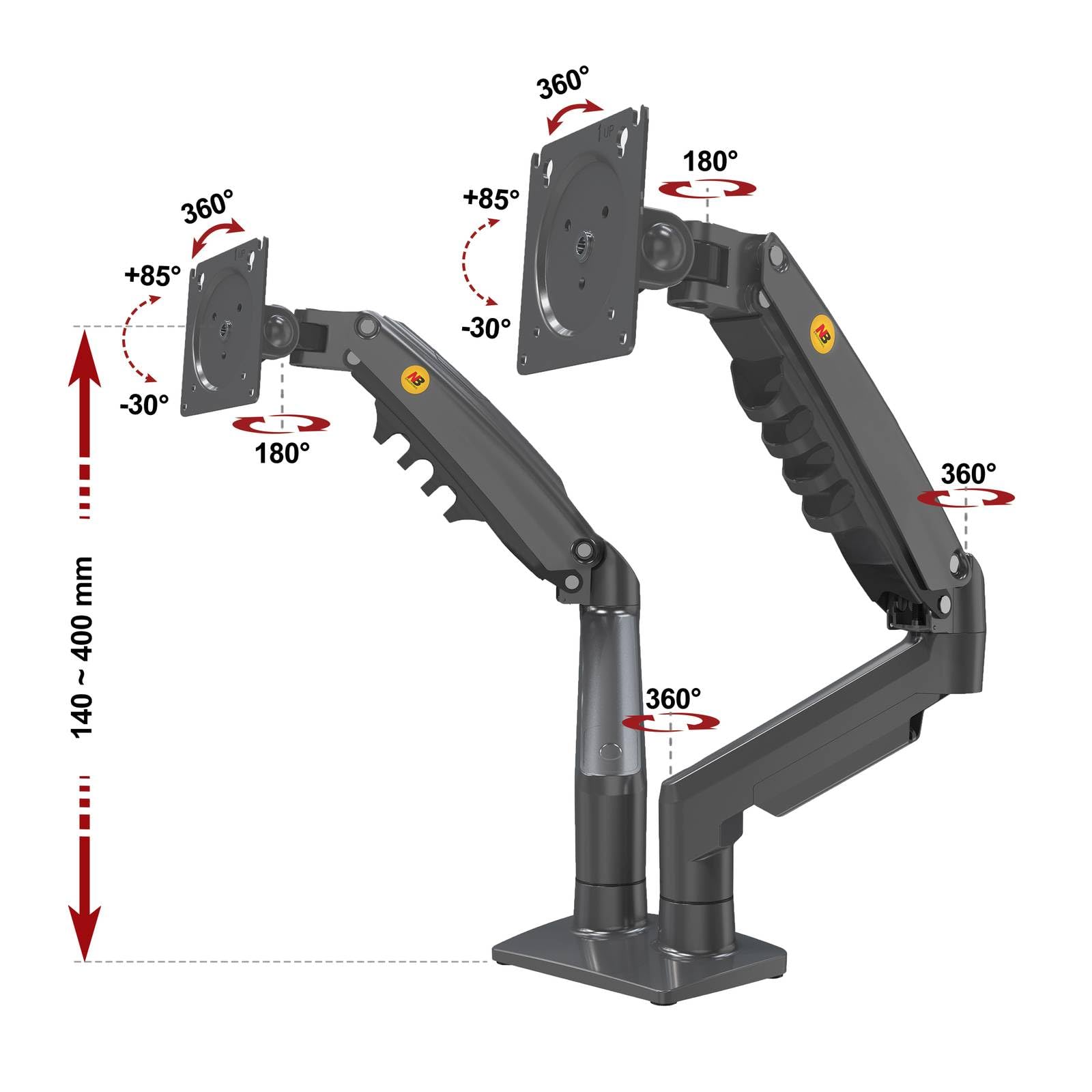 Soporte de Escritorio para 2 Pantallas LCD LED de 17 a 32 Pulgadas, Ajuste en Varios Ejes, pivote, Muelle de Gas de hasta 2 x 9 kg