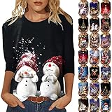 Christmas Shirts for Women Loose fit 3/4 Sleeve T Shirt Fashion Santa Claus Graphic Cute Top Casual Blouse Tee Shirt,Ladies Crew Neck Tunic Top Cartoon Harajuku Kawaii Tshirt(A-Black,XX-Large)