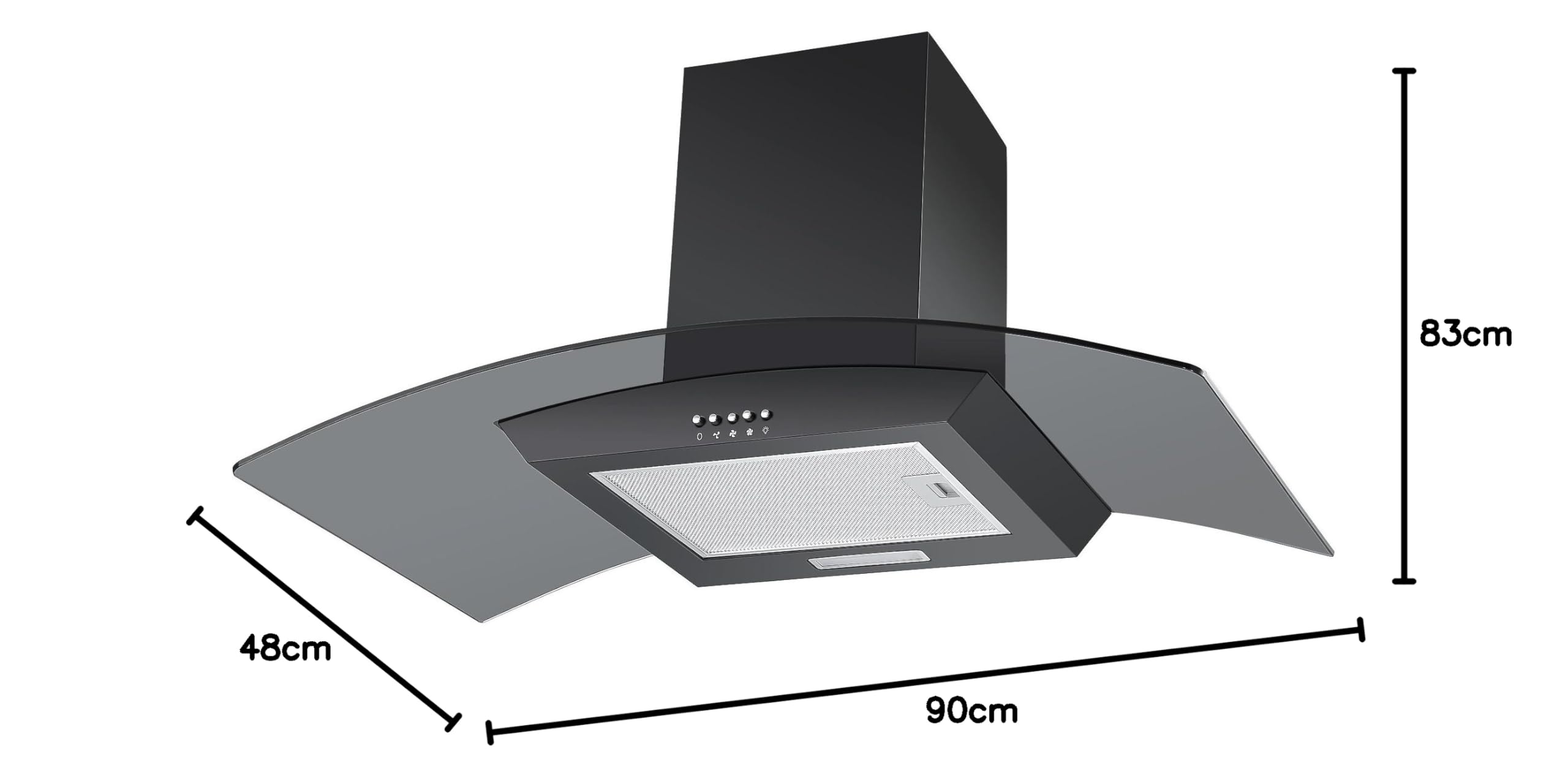 Cookology CGL900BK/A Cooker Hood Chimney Kitchen Extractor Fan 90cm, Recirculating & Ducting Wall Mounted, Curved Glass, Energy Rating A, 3 Speed Settings, LED, Adjustable Height - Black — view 6