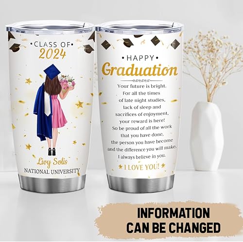 Miniatura 2 de wowcugi Vaso de graduación personalizado de la clase de 2024 con tapa, tazas de viaje de 20 onzas, 30 onzas, regalos de feliz graduación para ella,