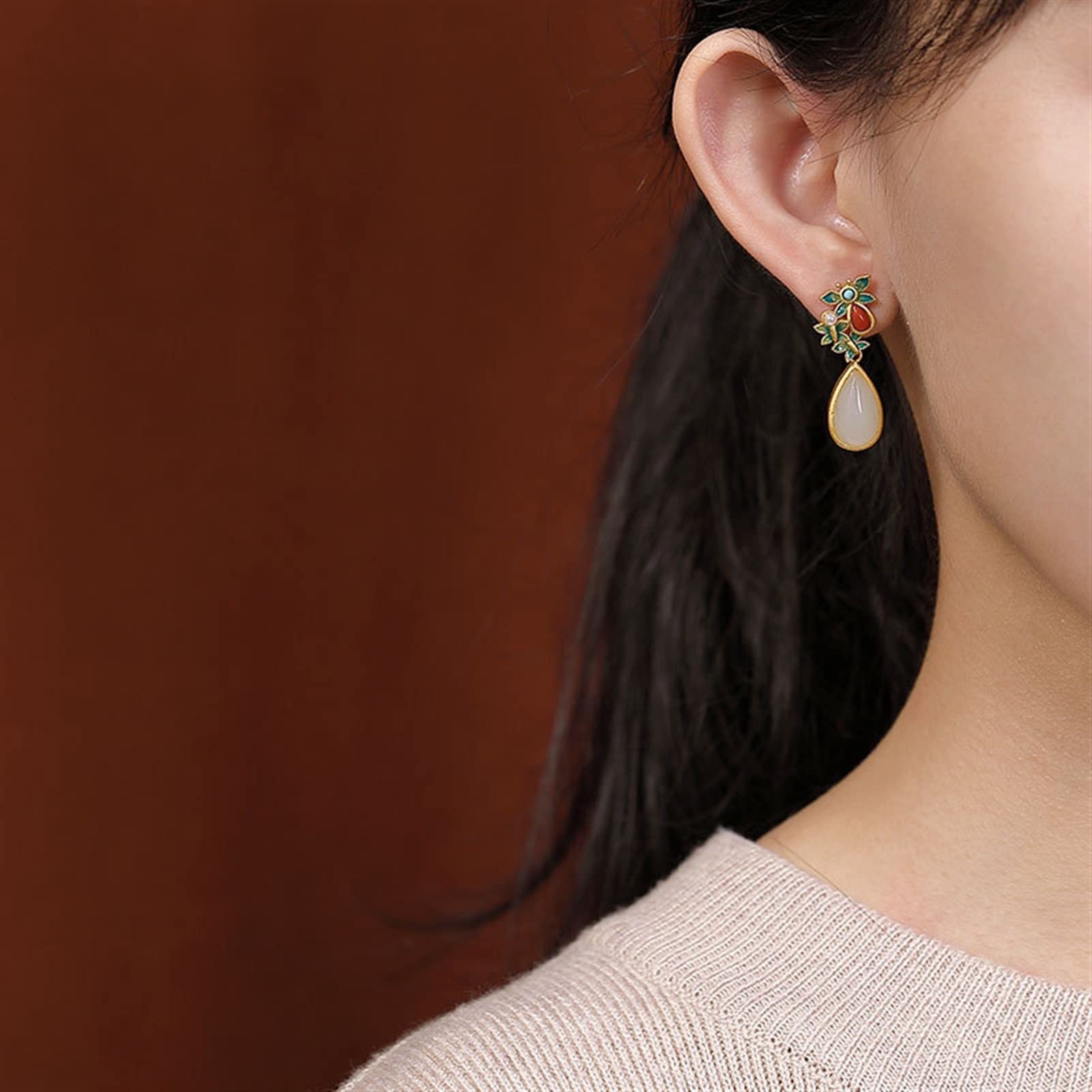 Pendientes de plata S925 chapados en oro con cloisonné y perlas de jade hetiano, pendientes de mujer en forma de gota, joyería