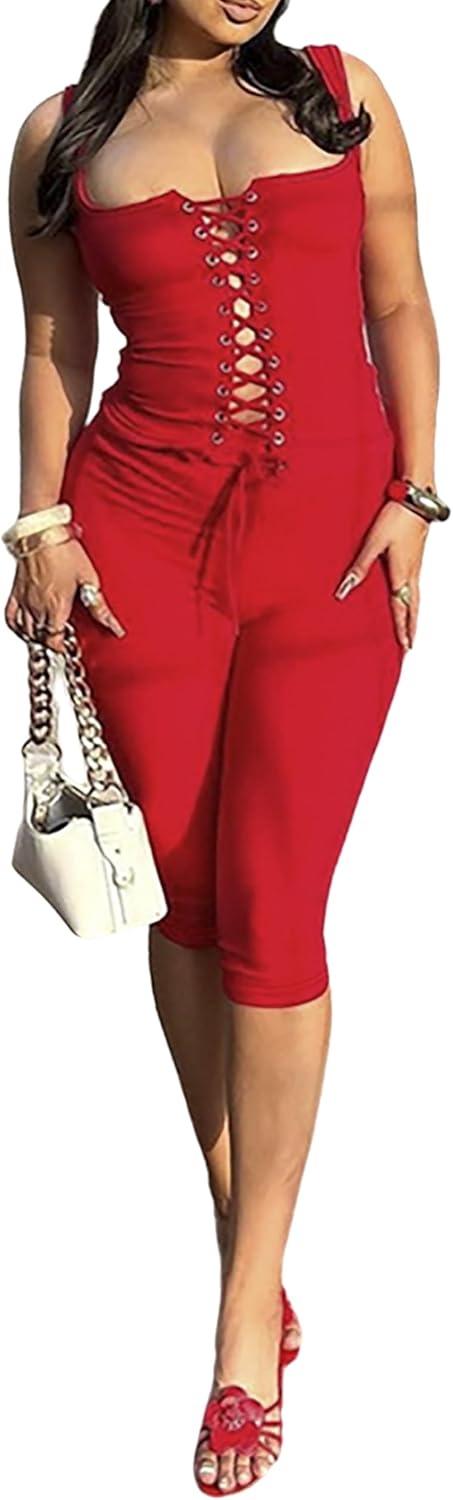 acelyn Women’s Sexy 2 Piece Outfits Sleeveless Capri Sets Tie Up Tank Top & Short Set Summer Pants Set Going Out Club Outfit