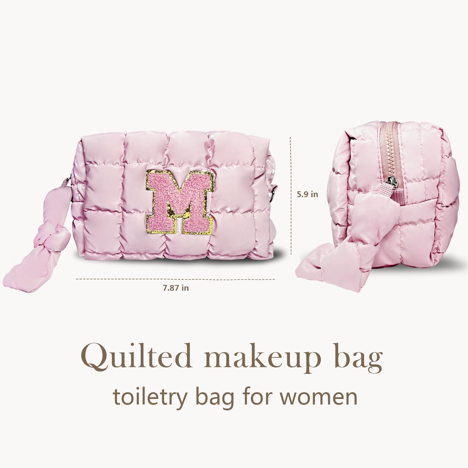 GenesisJoy Pink Makeup Bag with Initial,Fluffy Soft Checkered Makeup Travel Bag, Cute Puffer Toiletry Bag for Women,Quilted Makeup Bag, Gift for Women (pink)
