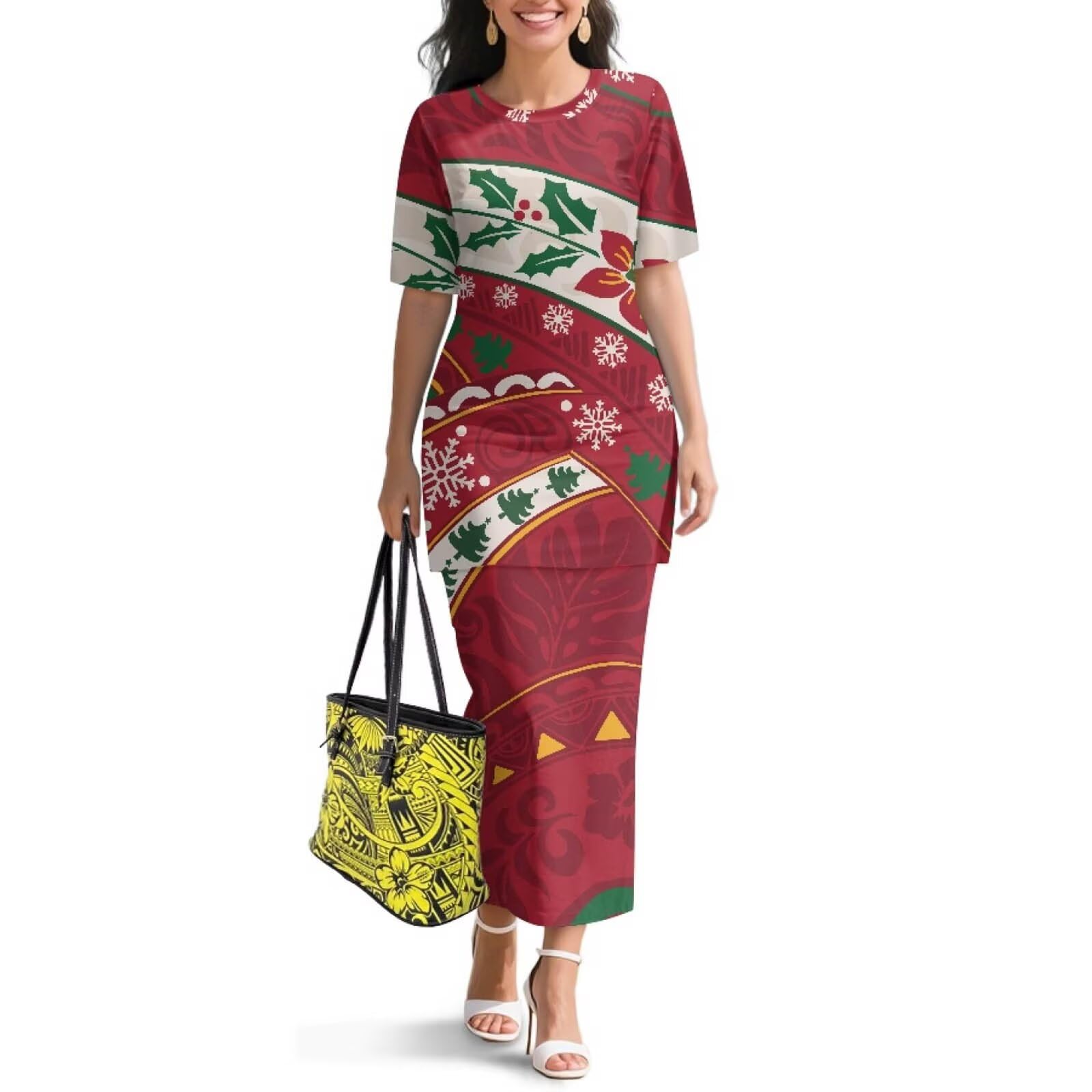 Polynesian Dress for Women Short Sleeve High Waist Maxi Skirt
