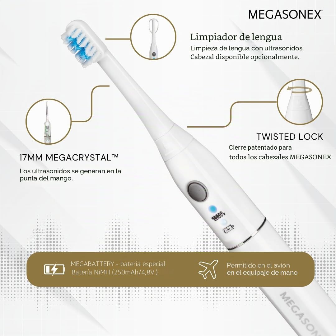 MEGASONEX Cepillo de dientes ultrasónico M8, con 2 niveles de vibración, cepillo de dientes blanco con 2 cabezales medianos