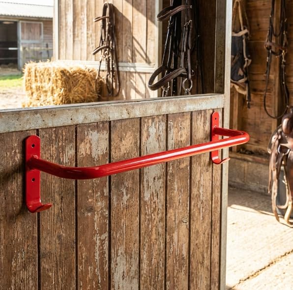 Professional Equestrian Rug Rail, Red Wall Mounted Horse Rug Holder with Hooks, Powder-Coated Heavy Duty Stable Organizer for Horse Rugs & Tack