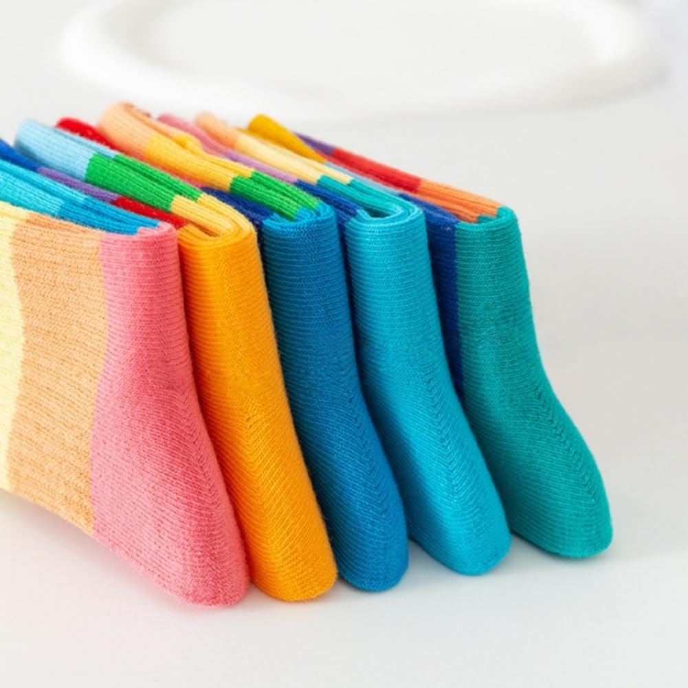 AKAMAS 5 pares de calcetines de ocio a rayas coloridos para niños y niñas, calcetines deportivos con patrón de rayas de arco iris para niños
