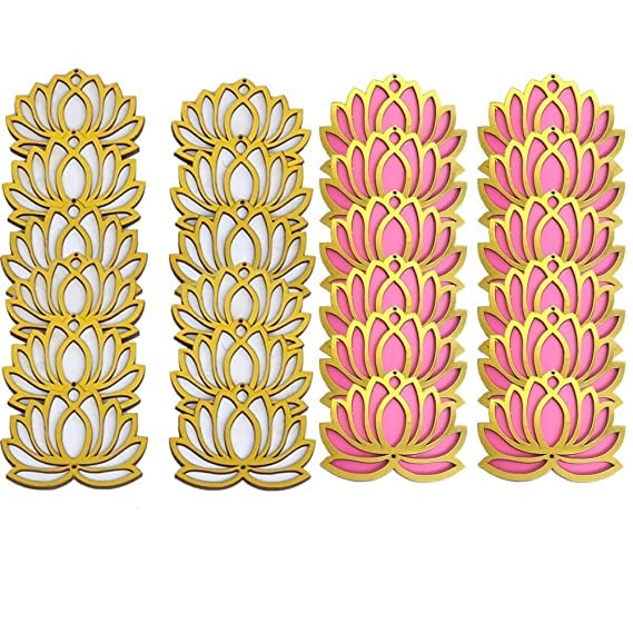 Image of Sanvatsar Home White Golden Lotus 4 Inch Set of 24 Wooden Cutout DIY Rangoli Kit | Decorations for Diwali, Dusshera Wedding Rangoli, Pooja, Decorations, Festival Gift (Pink12White12)