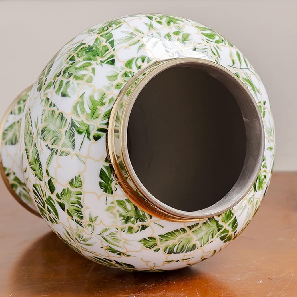 Vase Tabletop Ceramic Ginger Jar with Lid Green Leaf Pattern Traditional Decorative Porcelain Jars Temple Jar with Lids(Small)