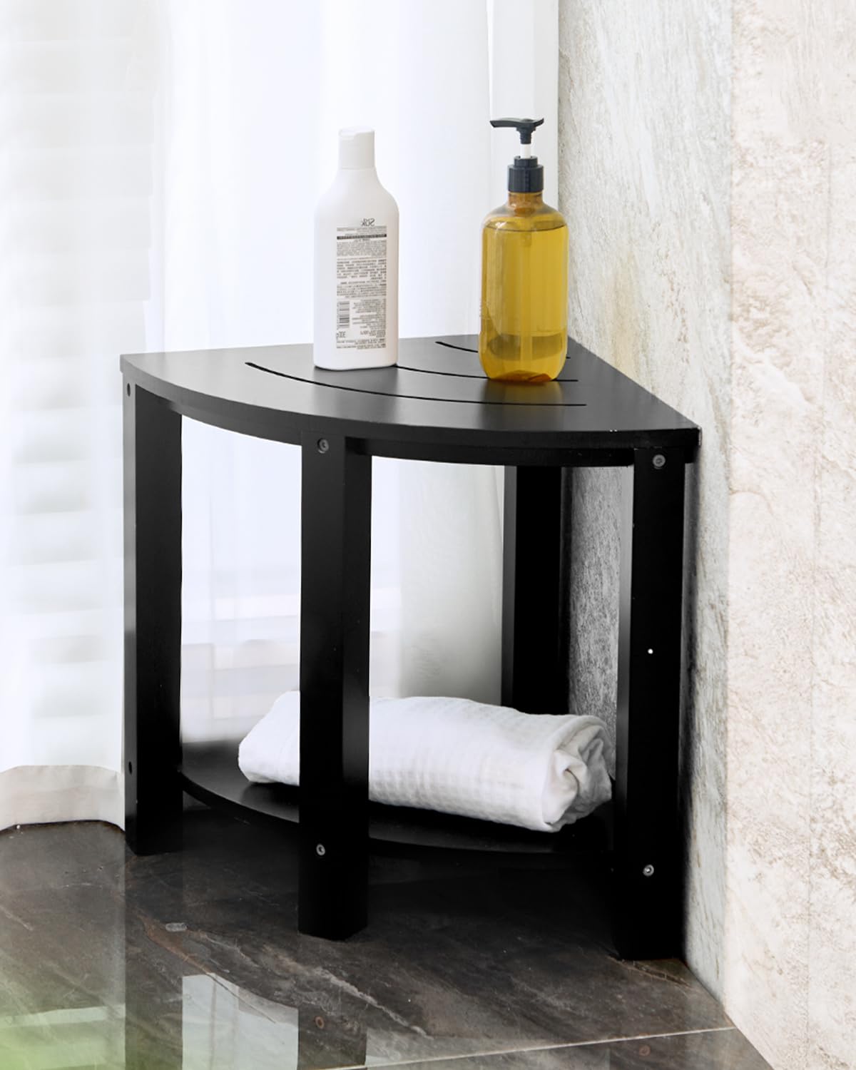 OasisSpaceBamboo Corner Shower Seat Shower Stool, Shaving Stool with Non-Slip Feet, Wood 2-Tier Seat with Storage Shelf for Bathroom, Living Room, Bedroom, Used for Seat or Organizer