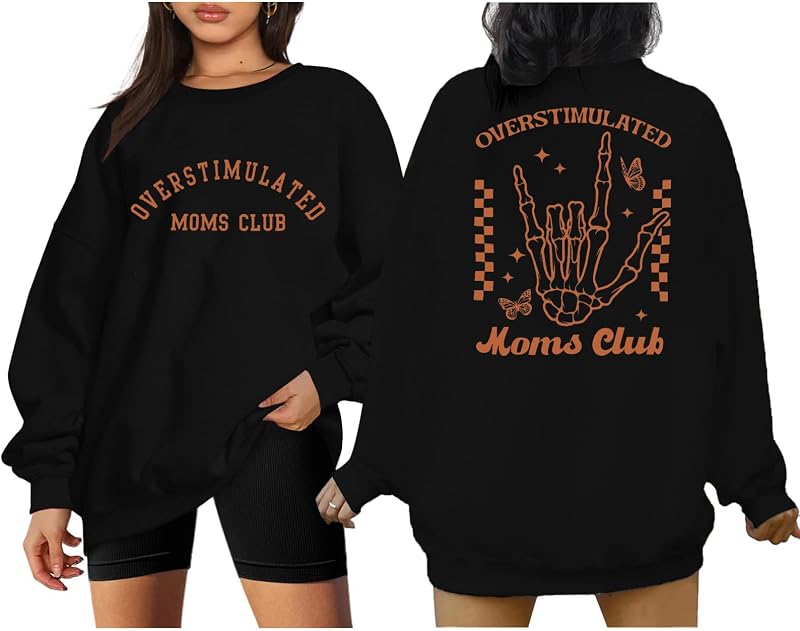 LUKYCILD Overstimulated Moms Club Sweatshirt for Women Mama Shirt Oversized Mom Life Pullover Casual Long Sleeve Tops Black image 2