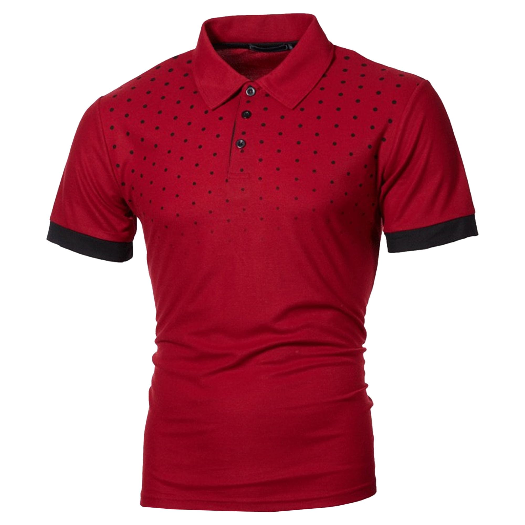 Men Spotted Printed Paul Collar Shirt Quarter Button Lapel Slim Pullover Tops Summer Short Sleeve Casual T-Shirt (Wine Red,3X-Large)
