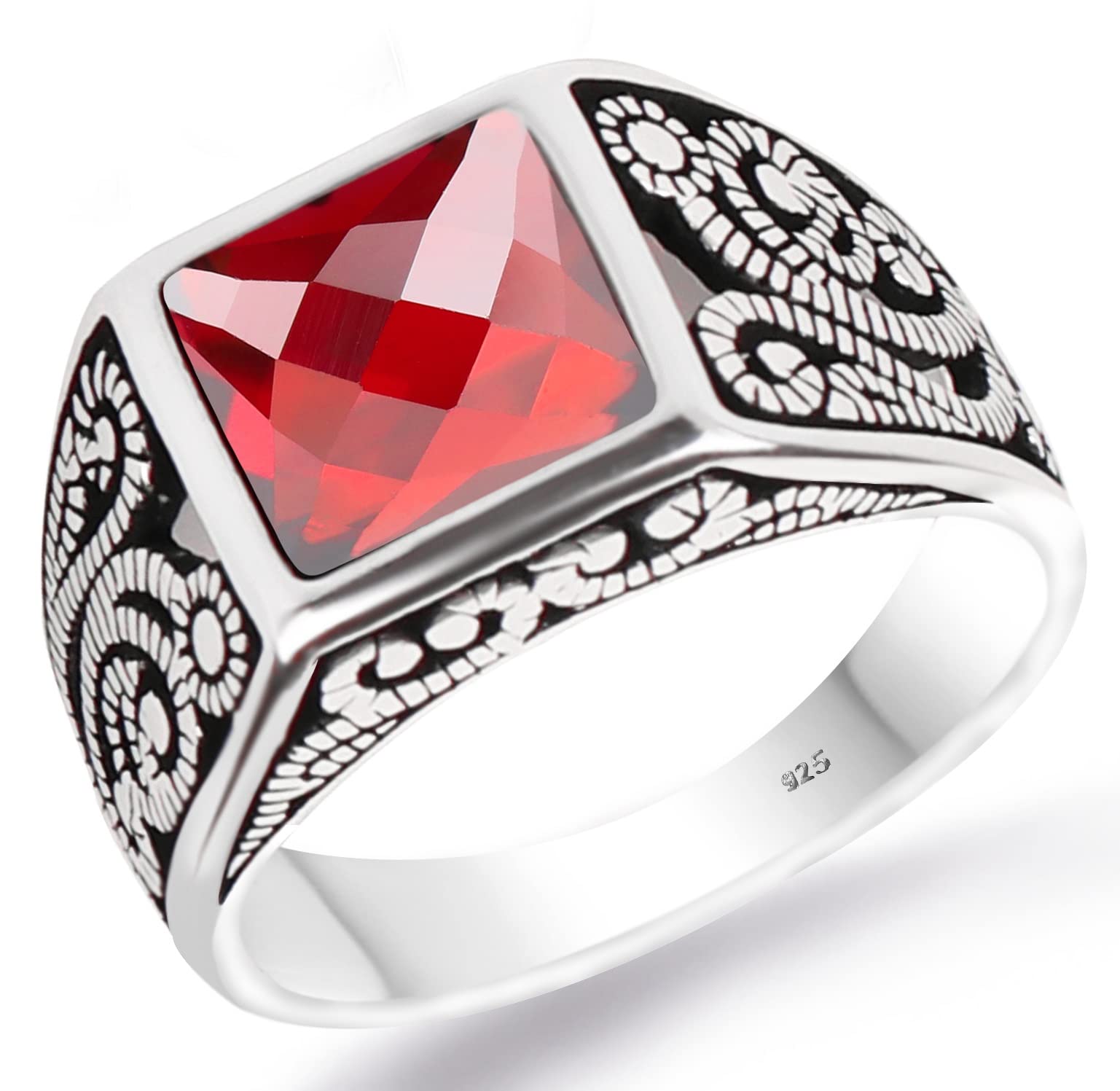Babylon SilverSolid 925 Sterling Silver Turkish Filigree Design Ring with Square Faceted Cut Simulated Red Ruby Stone Men's Band Ring