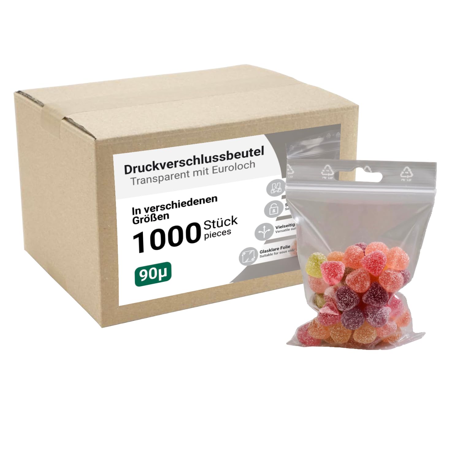 1000 sacchetti con chiusura a pressione – richiudibili – sacchetti con chiusura lampo – Stabile 90µ – trasparenti con foro europeo (120 x 170 mm)