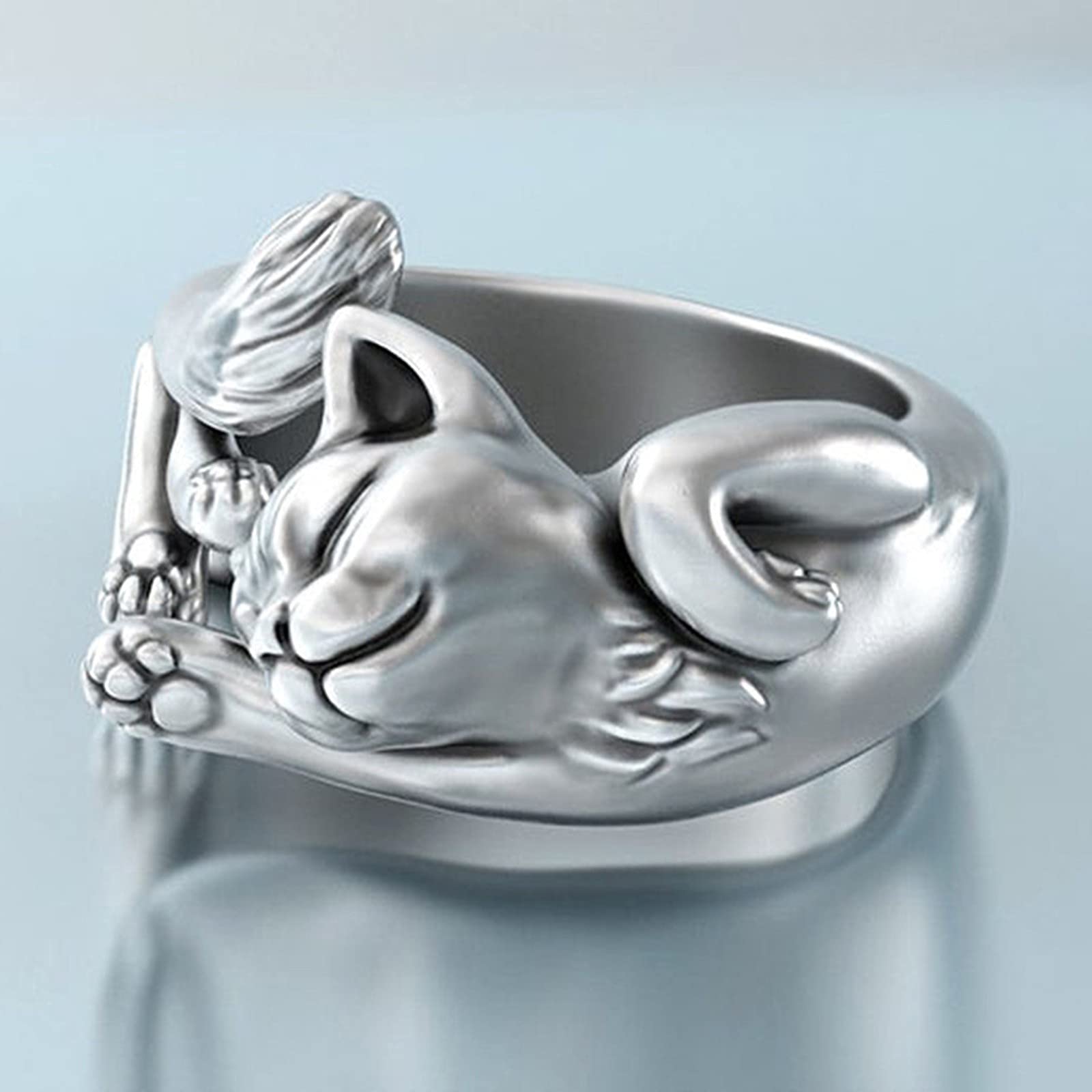 Anillos de chica adolescente, anillo perezoso Retro a la moda de gato abierto ajustable, anillos de mujer, anillo de perla falsa