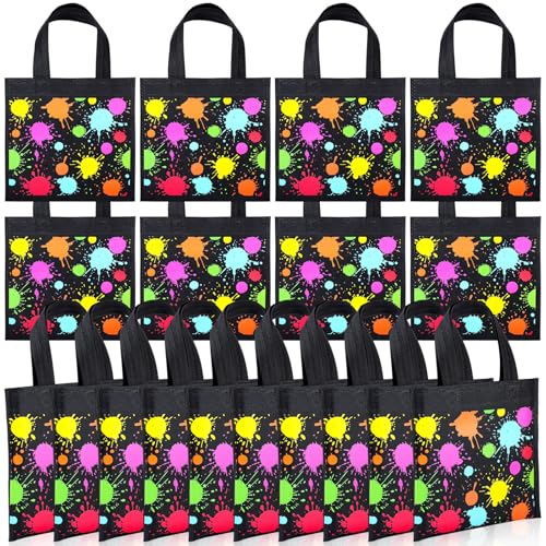 Ribbonlic 24 Pcs Neon Party Favor Bags Glow in the Dark Gift Bags with Handles Non Woven Decorative Goodie Bag for Neon Theme Birthday Lets Glow Party Supplies