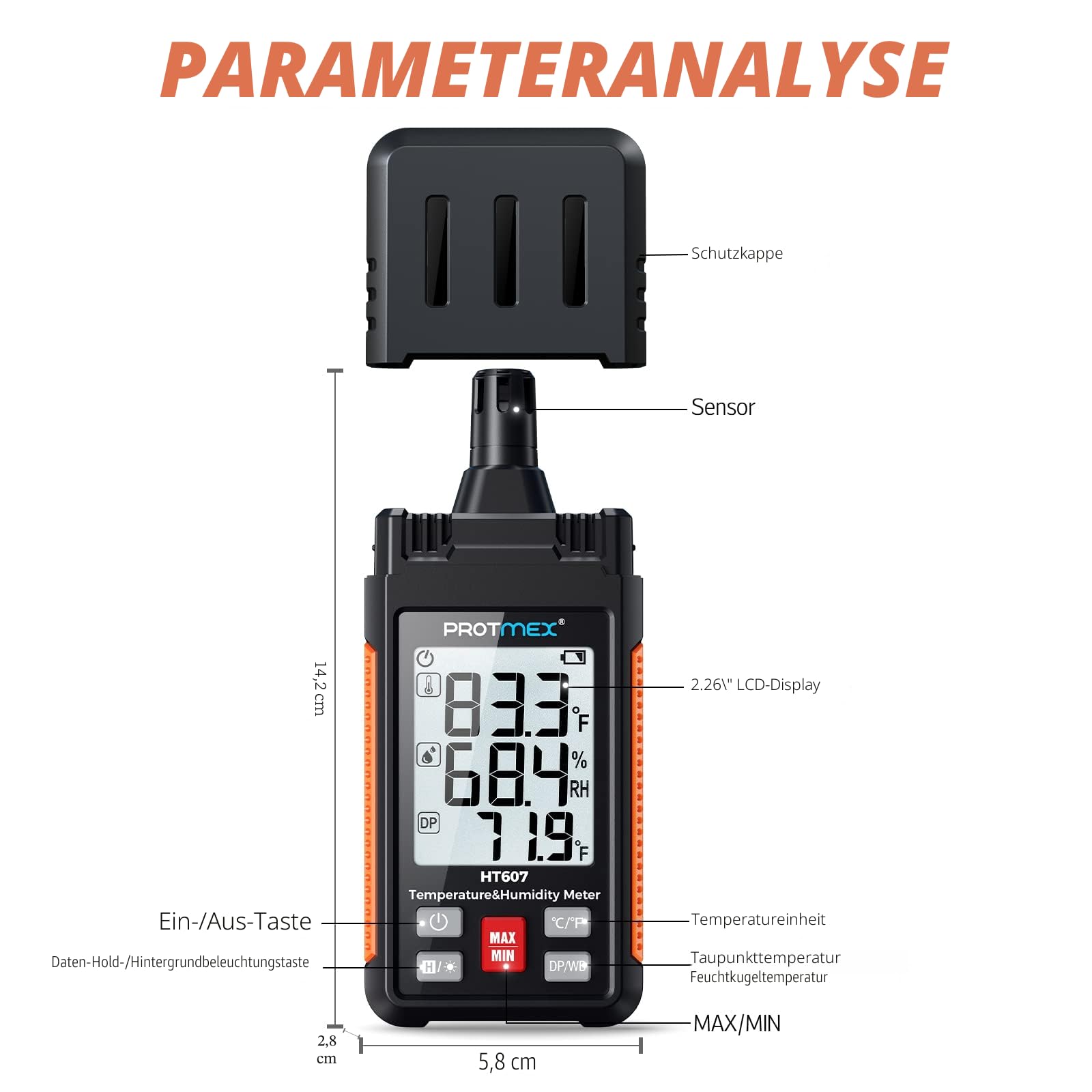 HT607 Temperatur-Feuchtigkeitsmessgerät Hochpräzisionsmessgerät mit Umgebungsluft, relativer Feuchte, Taupunkt, Feuchtkugelthermometer, Min/Max Hold, LCD-Hintergrundbeleuchtung