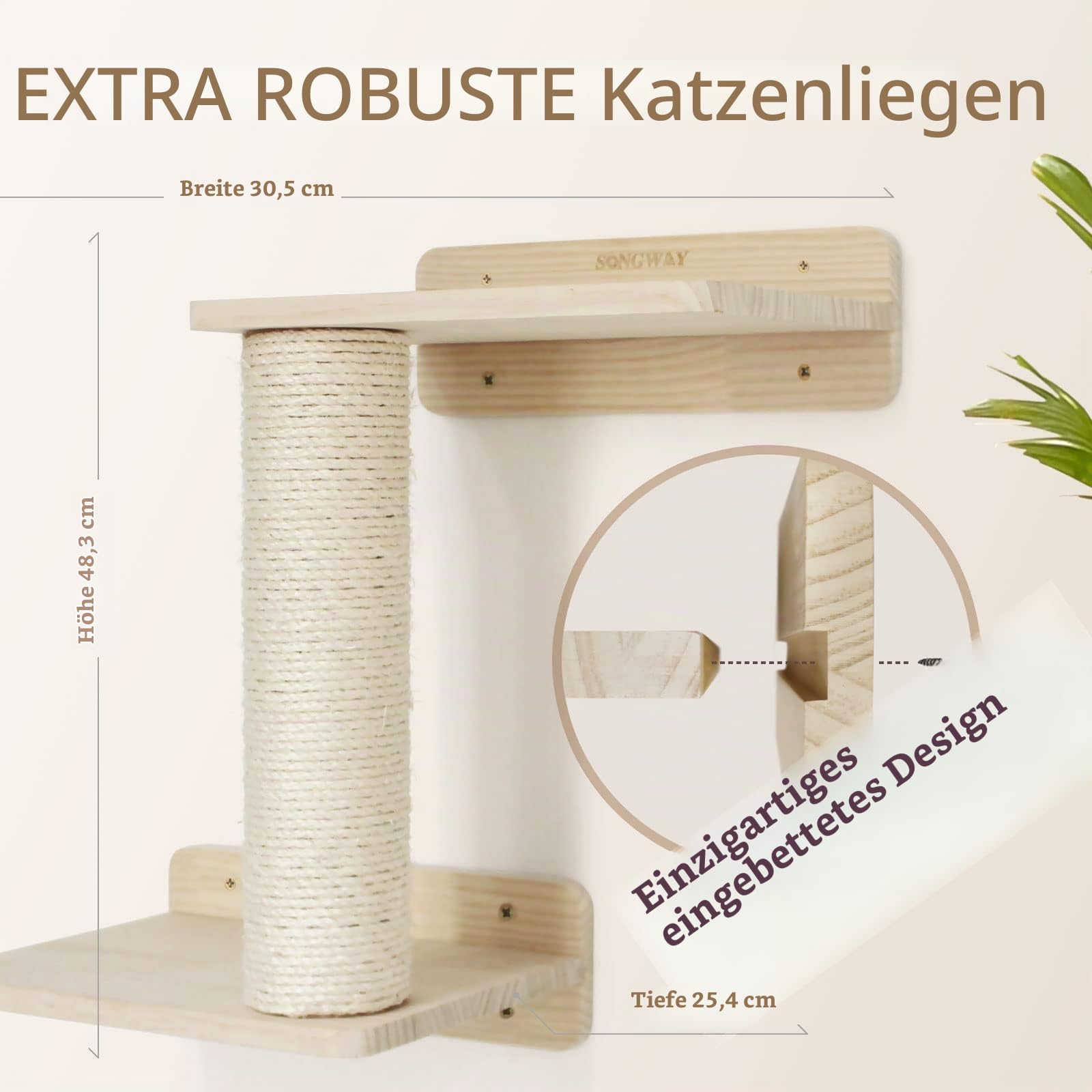 SONGWAY Kletterwand Katzen Katzentreppe Wandmontage - 4-teilig Katzen Kletterwand Set mit Hängematte und Sisalsäule, Wandliege Katze, Kratzbaum Wand, Katze kratzmöbel, Beige