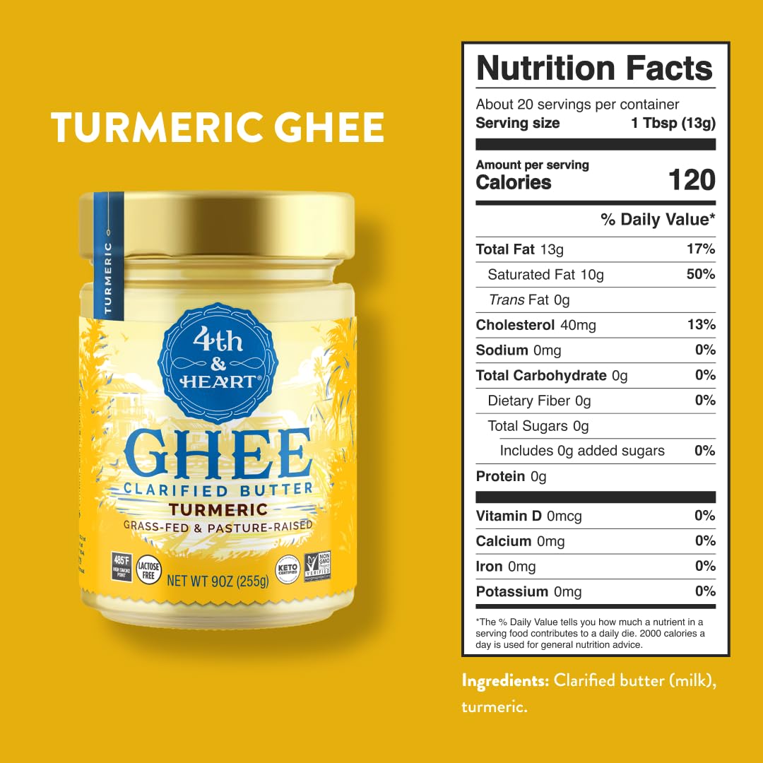 4th & Heart - Ghee mantequilla alimentada con pasto clarificada mantequilla cúrcuma - 9 oz.
