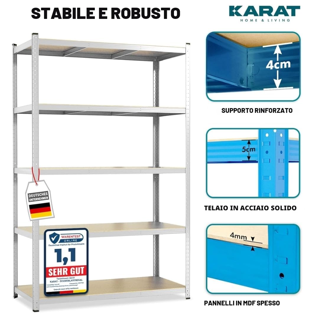 KARAT Ripiani per carichi pesanti – Scaffali a innesto con 5 ripiani regolabili – Scaffalature in metallo ideale per cantina garage magazzino – Set di 2 pezzi, modello Lakota (argento, 200 x 100 x 50
