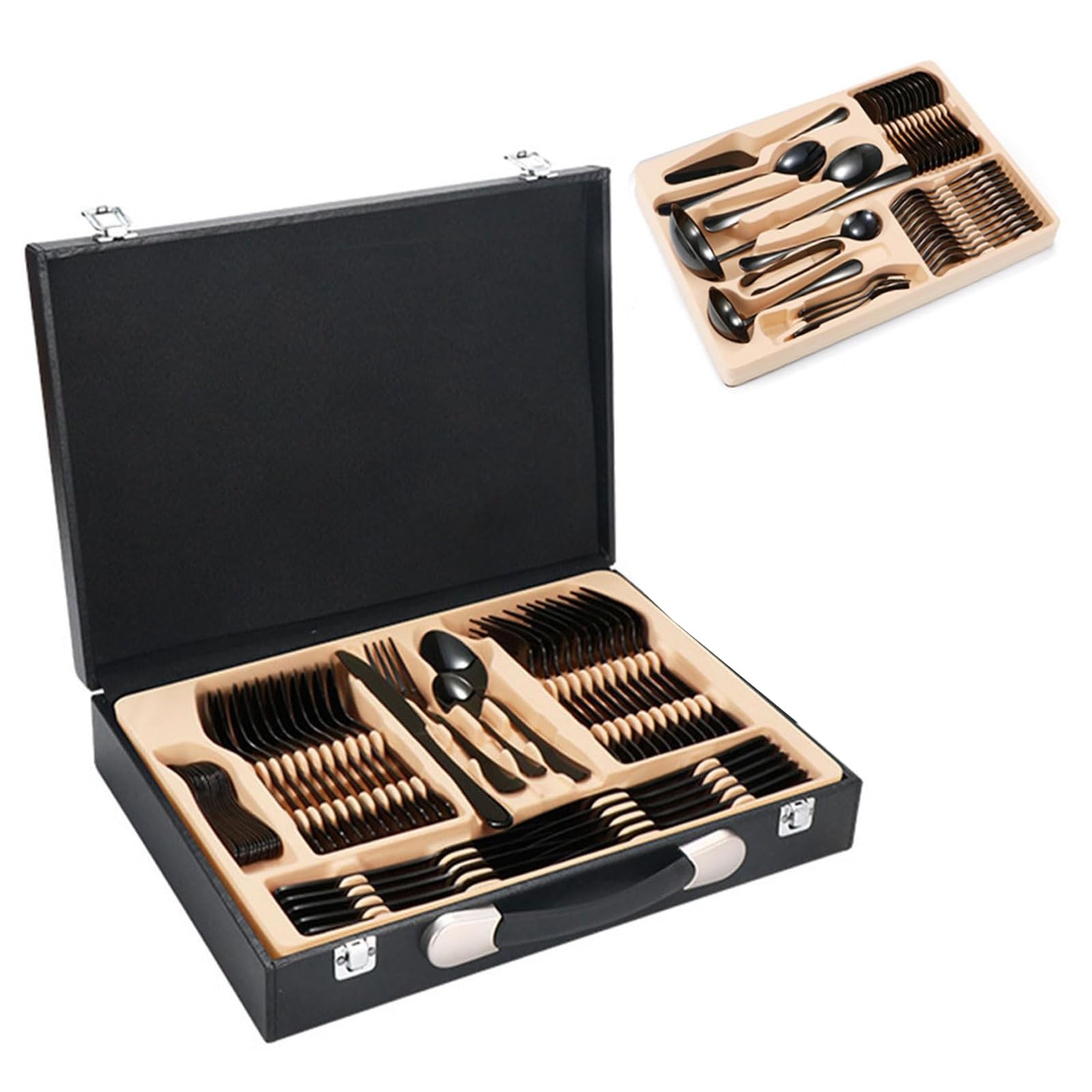 Set di posate in acciaio inox, 84 pezzi, portatile, in scatola, adatto per uso quotidiano in cucina, ristoranti, hotel, catering, matrimoni, feste, inaugurazioni di casa e lauree.(Black)