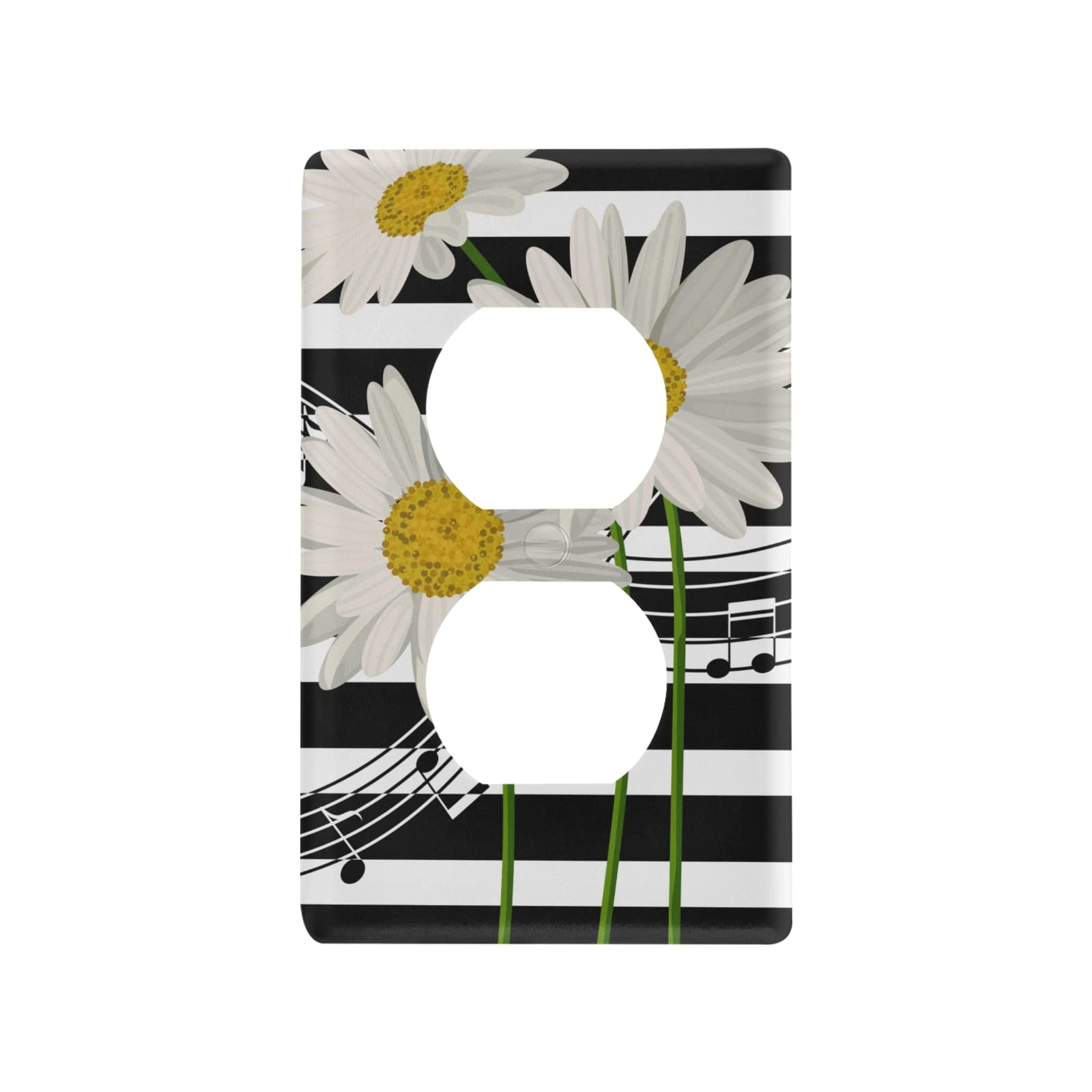 Black Music Notes with White Daisies Flowers on Black White Stripes Unused Outlet Print Toggle Wall Plate, Switch Plate Cover for Living Room Bedroom Bathroom Office and School