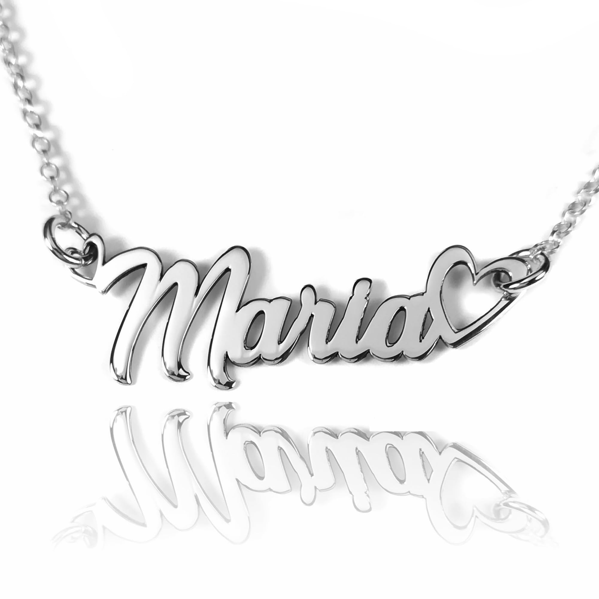 Collar con nombre personalizado en plata de ley 925 | Colgante nombre Personalizado 40x12mm aprox | Joya grabada única | Día de la Madre, cumpleaños. Modelo Maria Corazón