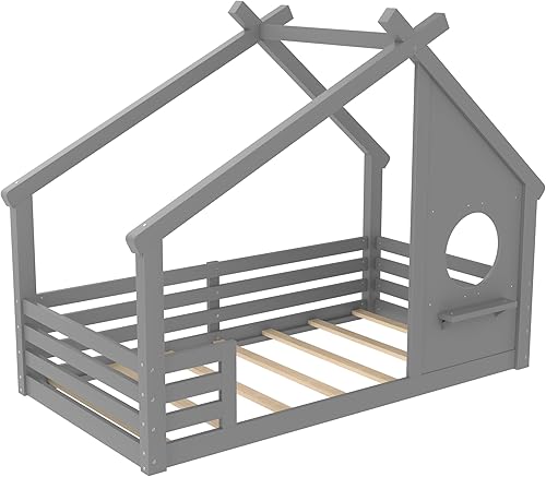 Miniatura 29 de Bellemave Cama individual para niños, cama de madera de pino, camas Montessori para niños, color blanco con estante Blanco,Madera de pino gris,gris