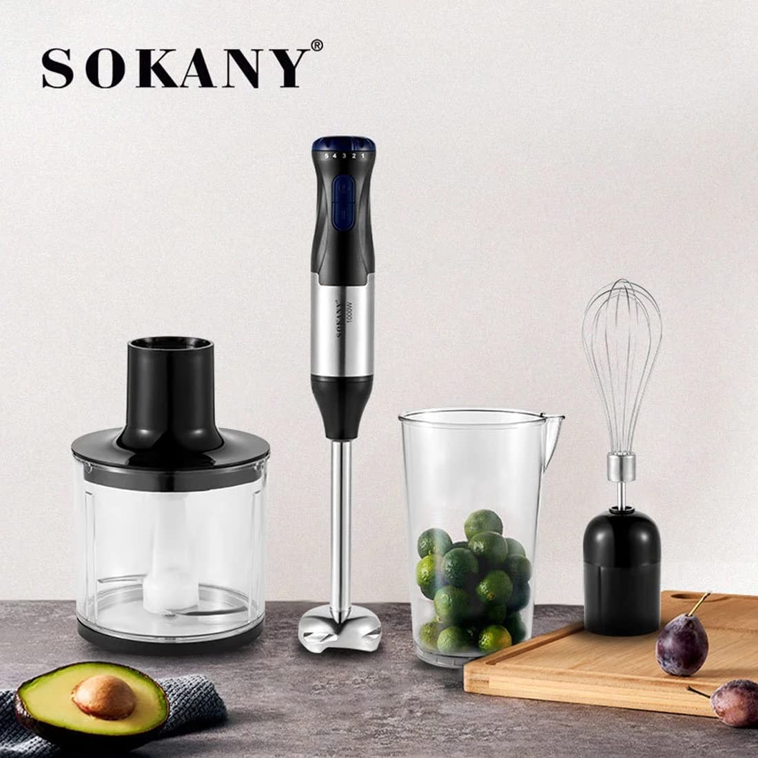 SOKANY Frullatore Immersione 1000W 4-in-1 frullatore multifunzionale, Frullatore (bicchiere 700 ml), Tritatutto (500 ml), Frusta per montare, 2 velocità, zuppe, yogurt, salse, Frusta, Senza BPA
