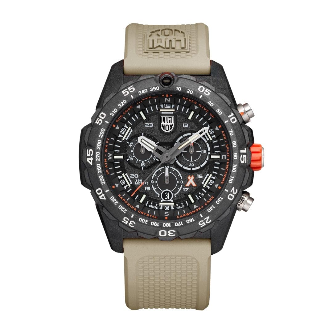 Luminox Bear Grylls Master - Orologio da sopravvivenza da 45 mm CARBONOX+, impermeabile da 300 m, vetro zaffiro, cronografo, tecnologia luminosa, cinturino in caucciù beige