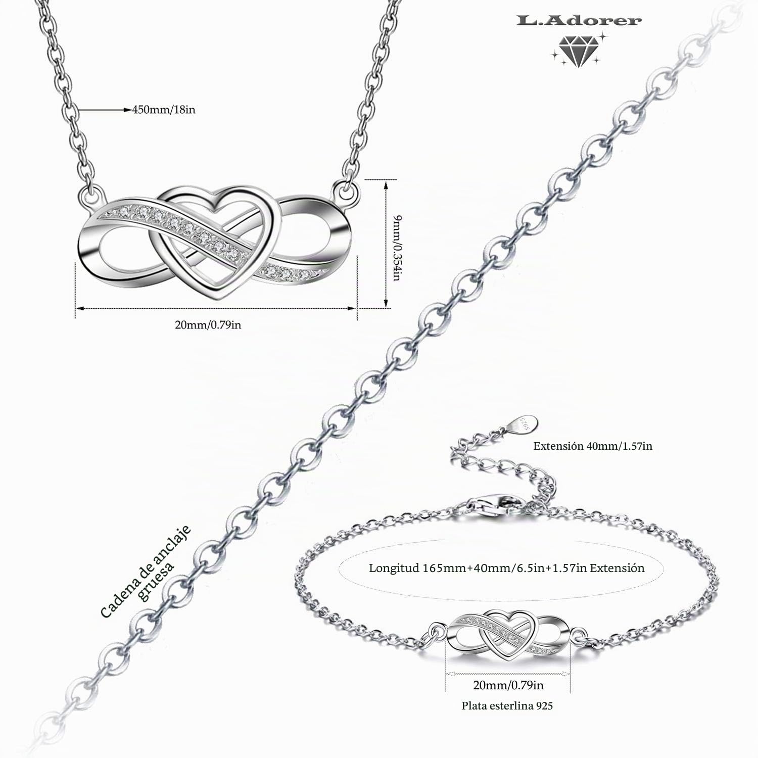 Juego de Collar y Pulsera de Corazón Infinito | Plata 925 con Cristal Austriaco | Elegante Set de Joyería para Ella