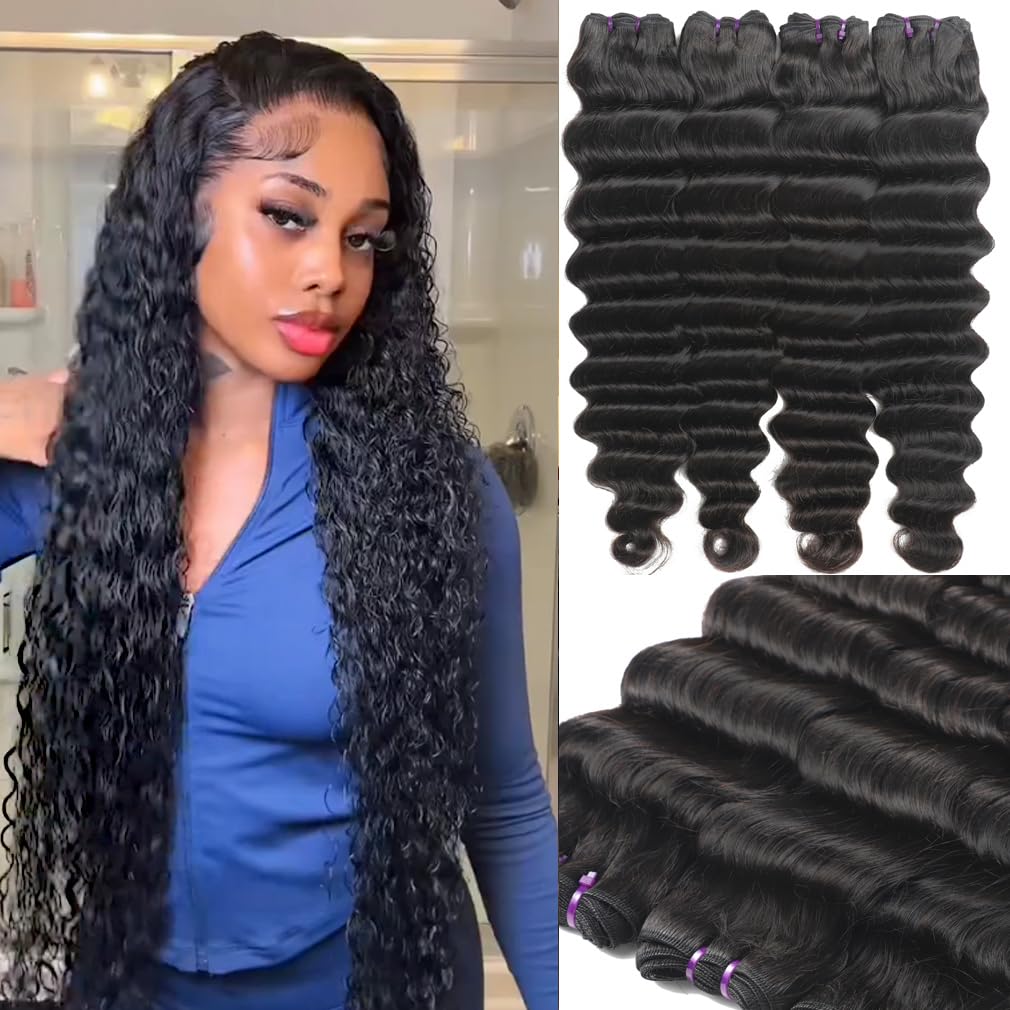 12A Virgin Deep Wave Human Hair Bundles 18 20 22 Inch Curly Bundles Human Hair 100% Unprocessed 3 Bundle Brazilian Human Hair Extensions Quick Weave Natural Black Color
