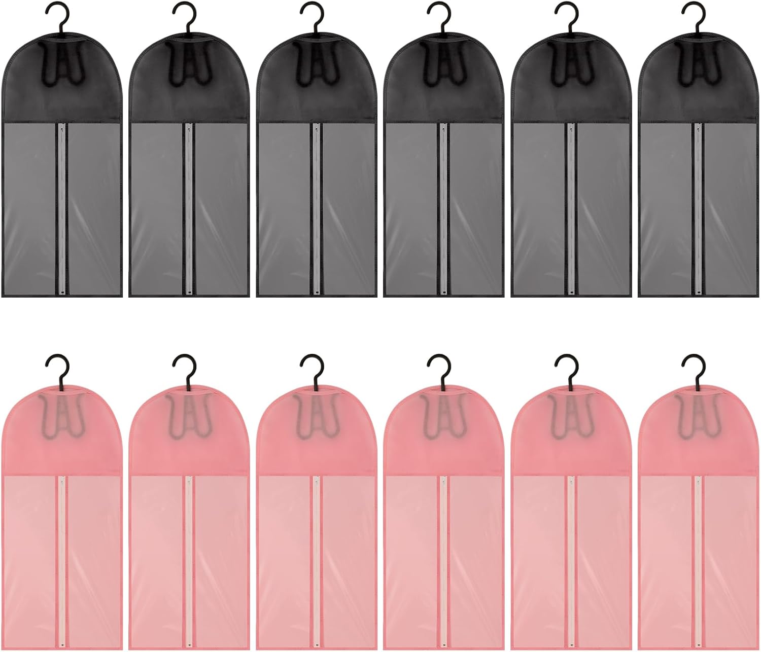 12 Pcs Wig Storage Bags with Hanger, Extra Long Hair Extension Holder, Dust-proof Wig Hanger Holder for Multiple Wigs (Black×6 ＆ Pink×6)