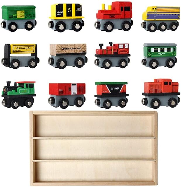 E-More Wooden Train Set for Kids 12Pcs/Kit Wooden Toy Trains Collection Children Early Learning Educational Toy with Wooden Storage Case for Boys Girls Above 3 Years Old