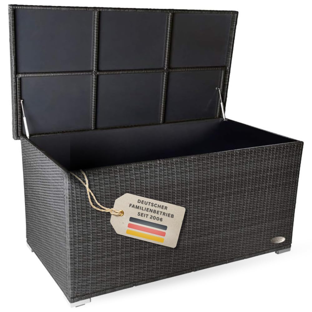 RS Trade Auflagenbox Wasserdicht XXL, 950l, Grau, Gartenbox, Aufbewahrungsbox Garten, Kissenbox Outdoor, Gartentruhe, Große Gartenkiste für Polster, Wetterfeste Garten-Aufbewahrung, Polyrattan Garten