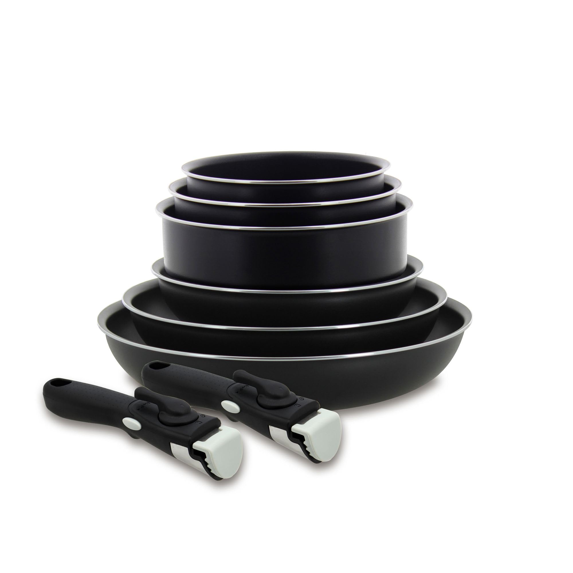 MENASTYL - Batterie de cuisine amovible 8 pièces antiadhésives tous feux dont induction et lave-vaisselle – Lot de 3 poêles 20/24/28 cm + 3 casseroles 16/18/20 cm + 2 poignées amovibles sécurisées