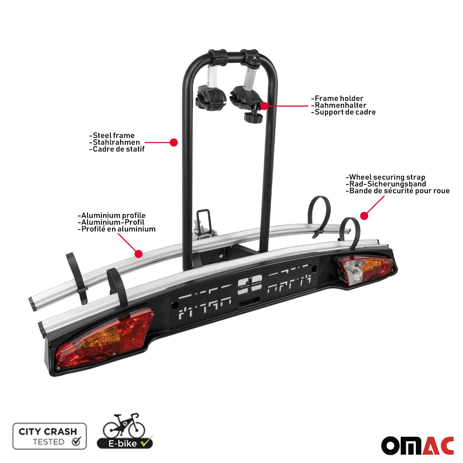 MENABO Portabici Merak K Gancio Traino Portatutto Posteriore 2 Bici | Portatutto Posteriore Bici Pieghevole Rimovibile Leggero Accessori Cavalletto Bici Alluminio Nero Argento ABE