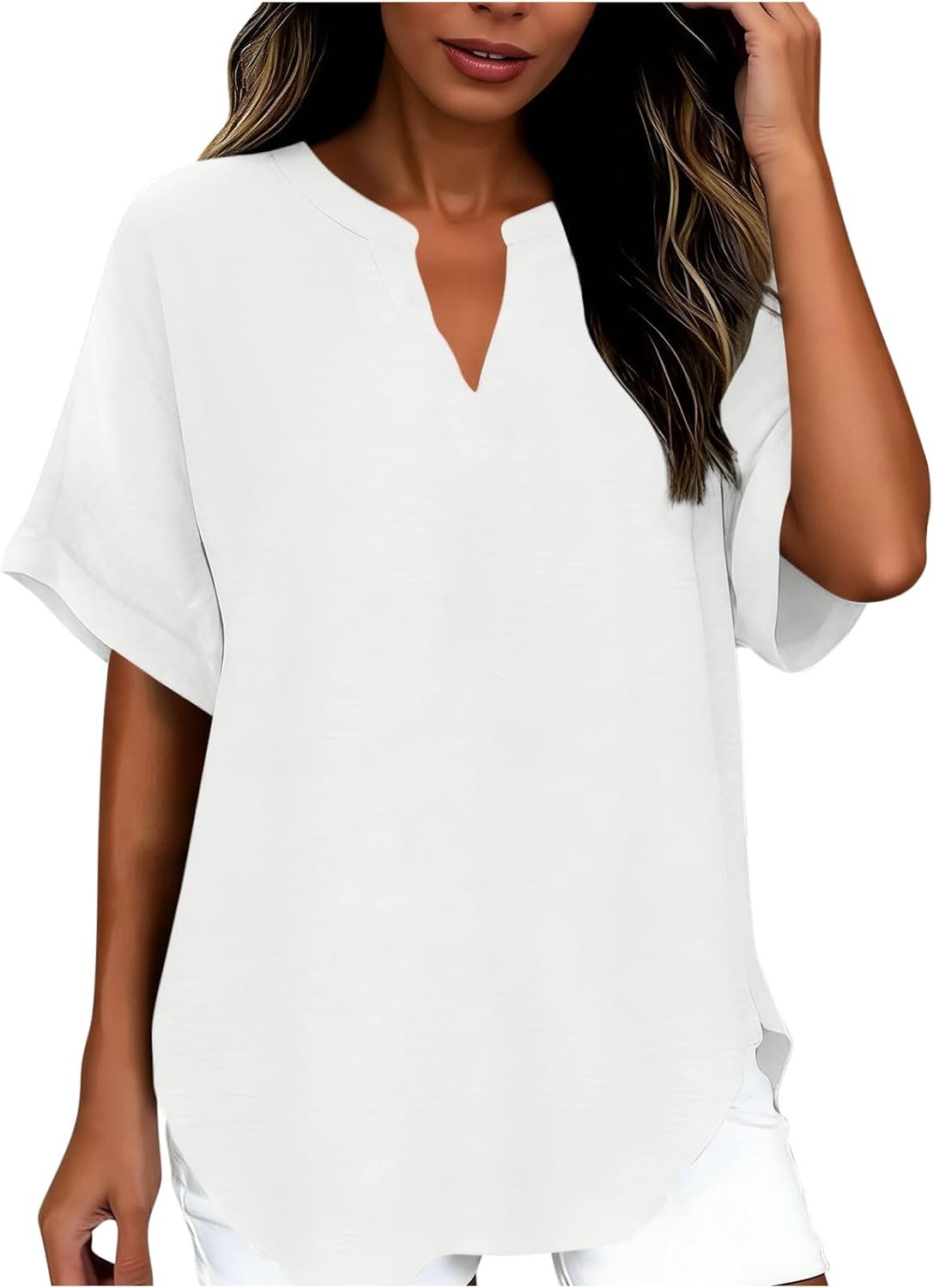 Women's Cotton Linen Short Sleeve Blouse, Casual V-Neck Solid Color Color Tops for Women, Dressy Casual Summer