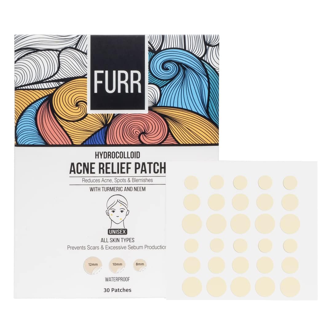 FURR Acne Patches | 30 Hydrocolloid Pimple Patches in 3 SIZES | with TURMERIC & NEEM | ABSORBS Oils & Prevents SCARRING | Anti Inflammatory | For all Skin Types | Reduces Acne, Spots and Blemishes