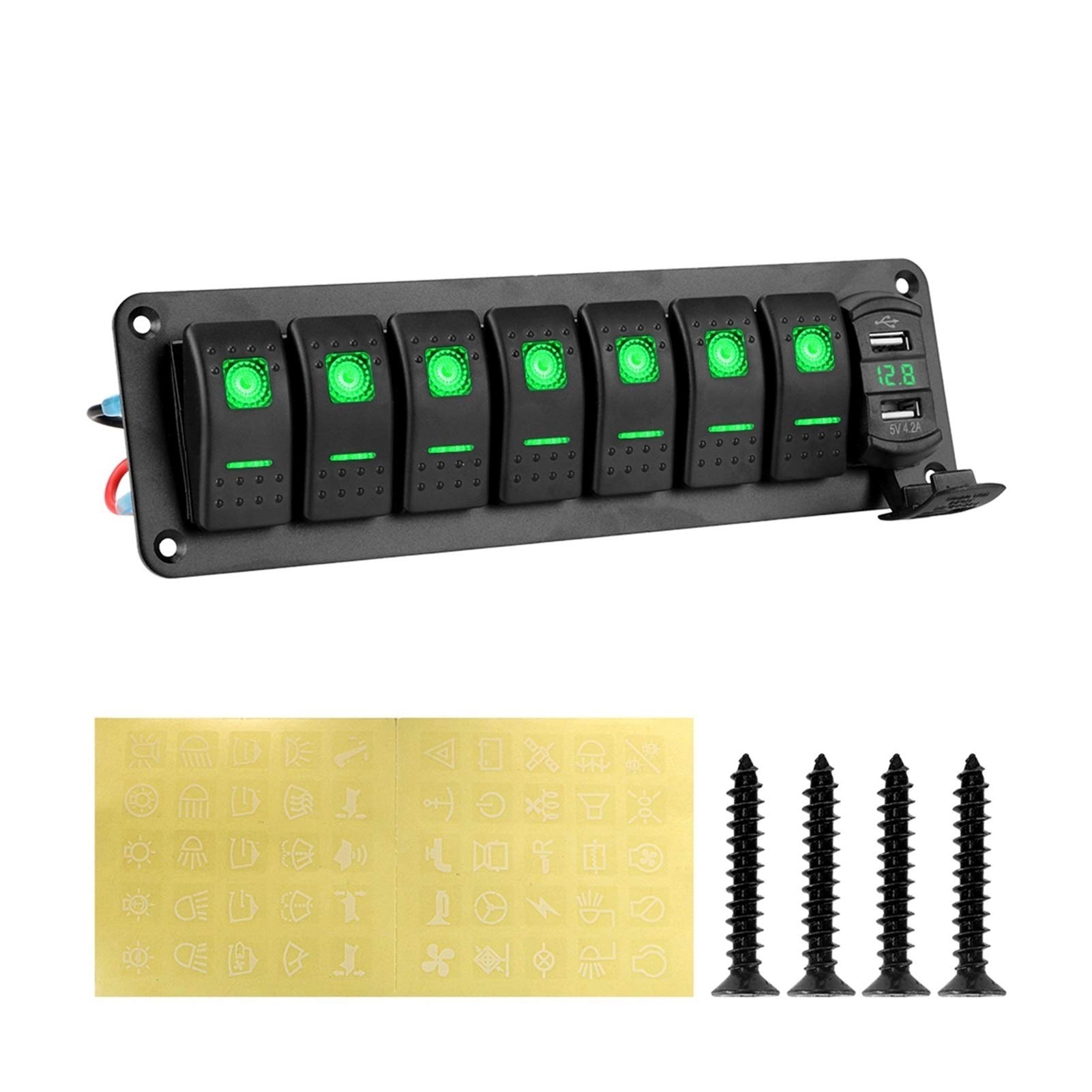 7-punktowy panel przełączników kołyskowych, do wyłączników samochodowych, morskich, podwójnych ładowarek USB, cyfrowego woltomierza DC 12 V 24, samochodów, łodzi, kamperów, SUV, jachtów
