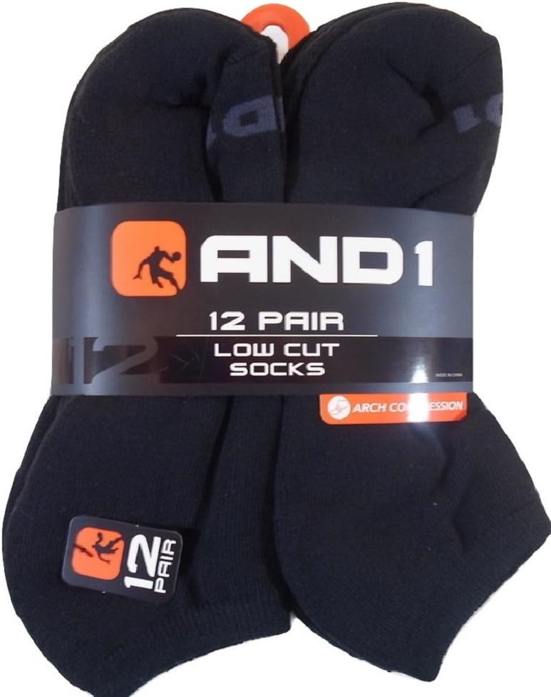 AND1 12 PAIRS Black Low Cut Ankle Socks Mens Size 6-12.5 And 1