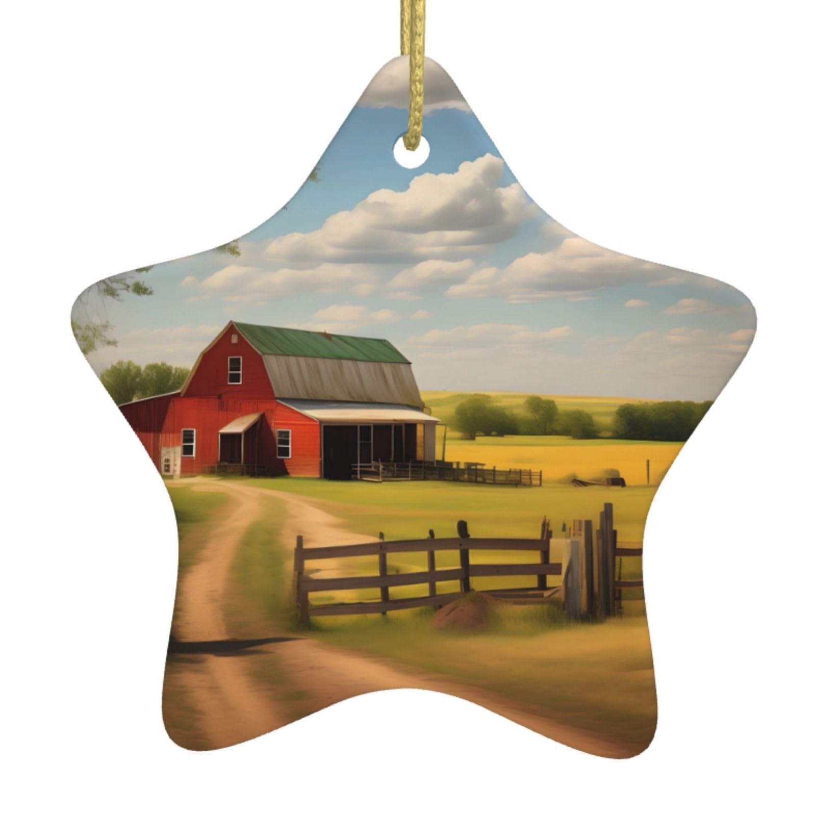 Ranch View Christmas Ceramic Star Pendant with Punched Holes and Gold Wire Rope, Christmas Tree Home Decoration