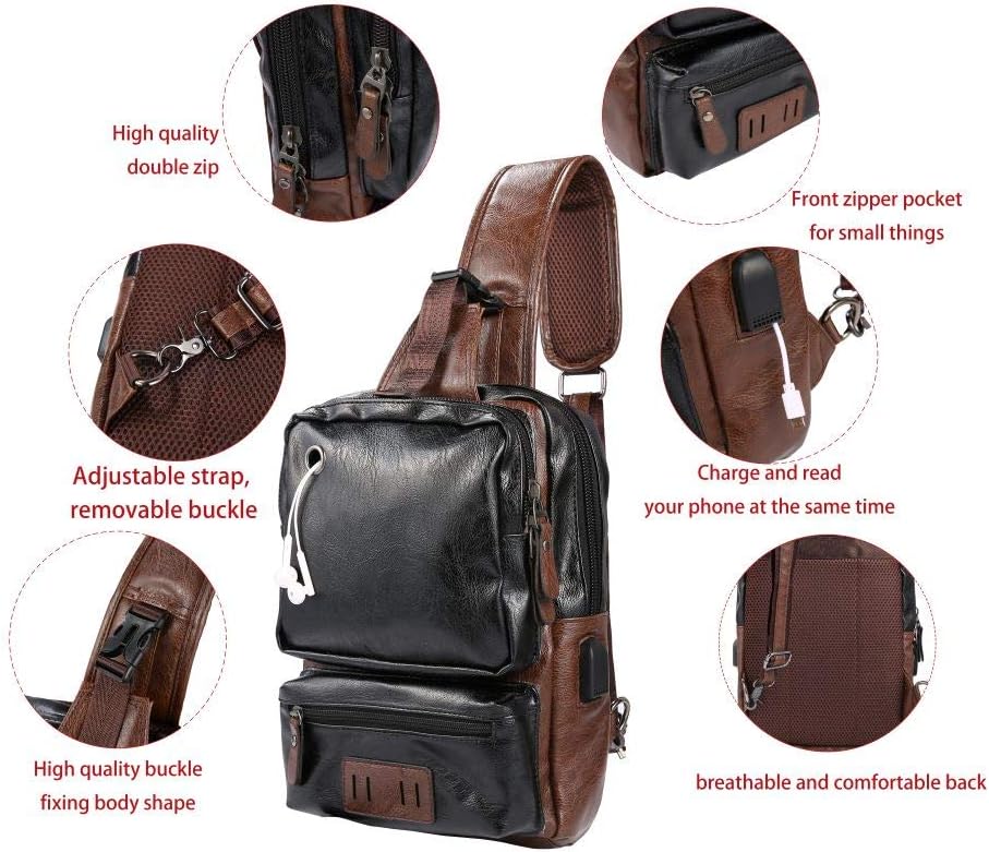 QICHUANG Men Sling Bag PU Leather Unbalance Chest Shoulder Bag with USB Charging Port Gift for Men