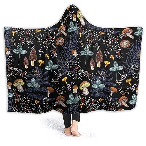 Mushroom Hooded Blanket Mushrooms Gifts for Women Soft Fleece Flannel Dark Wild Forest Mushrooms Throw Wearable Blanket All Season Plant Blankets for Bed Decorative 80"x60" for Audlt