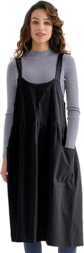 Surblue Delantal de lino de algodón con espalda cruzada para mujer, con bolsillos, vestido de pinafore para hornear, cocinar, jardinería