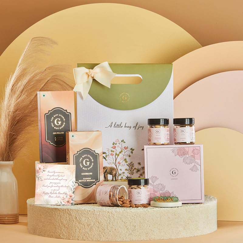 THE GIFT STUDIO.COM | Sister's Serenity Gift Hamper | Dry Fruit Box, Almond & Cashew Brittle, Jade Bead Bracelet & Rakhi Greeting Card | Raksha Bandhan Gift-image-1