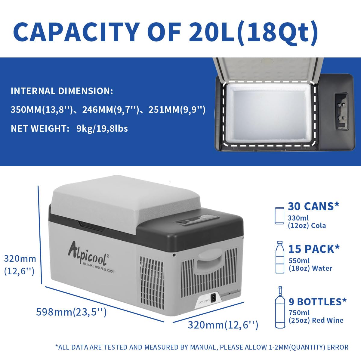 Alpicool C20 20L Réfrigérateur de Voiture Portable Mini Frigo 12/24V Électrique Réfrigérateur Capacité Congelateur Congélation -20℃ pour Maison, Voiture, Camping