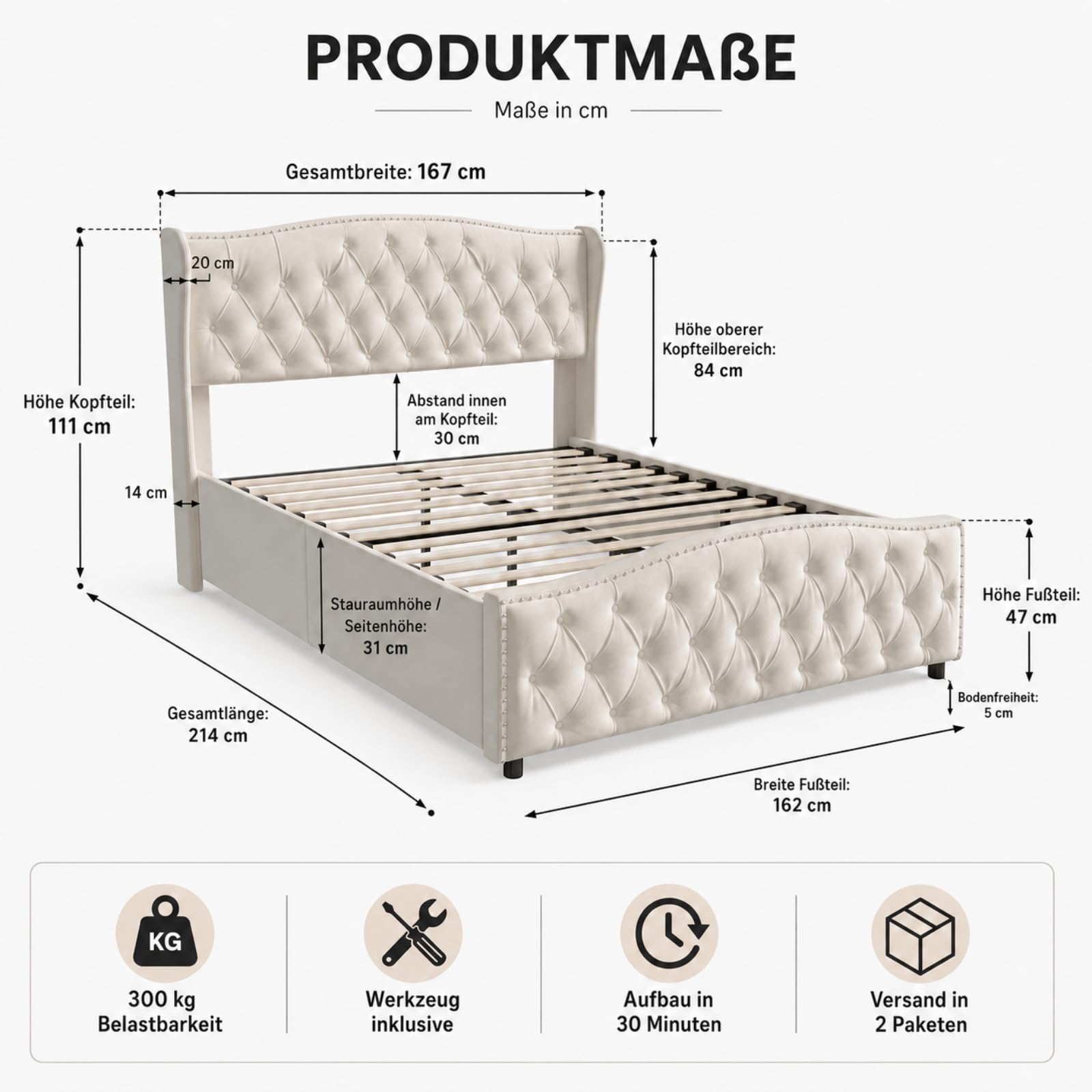 Fofetbfo Cama tapizada de 160 x 200 cm, cama doble acolchada con cajón, cama doble con espacio de almacenamiento, cama de almacenamiento hidráulico con cabecero, cama funcional para adolescentes